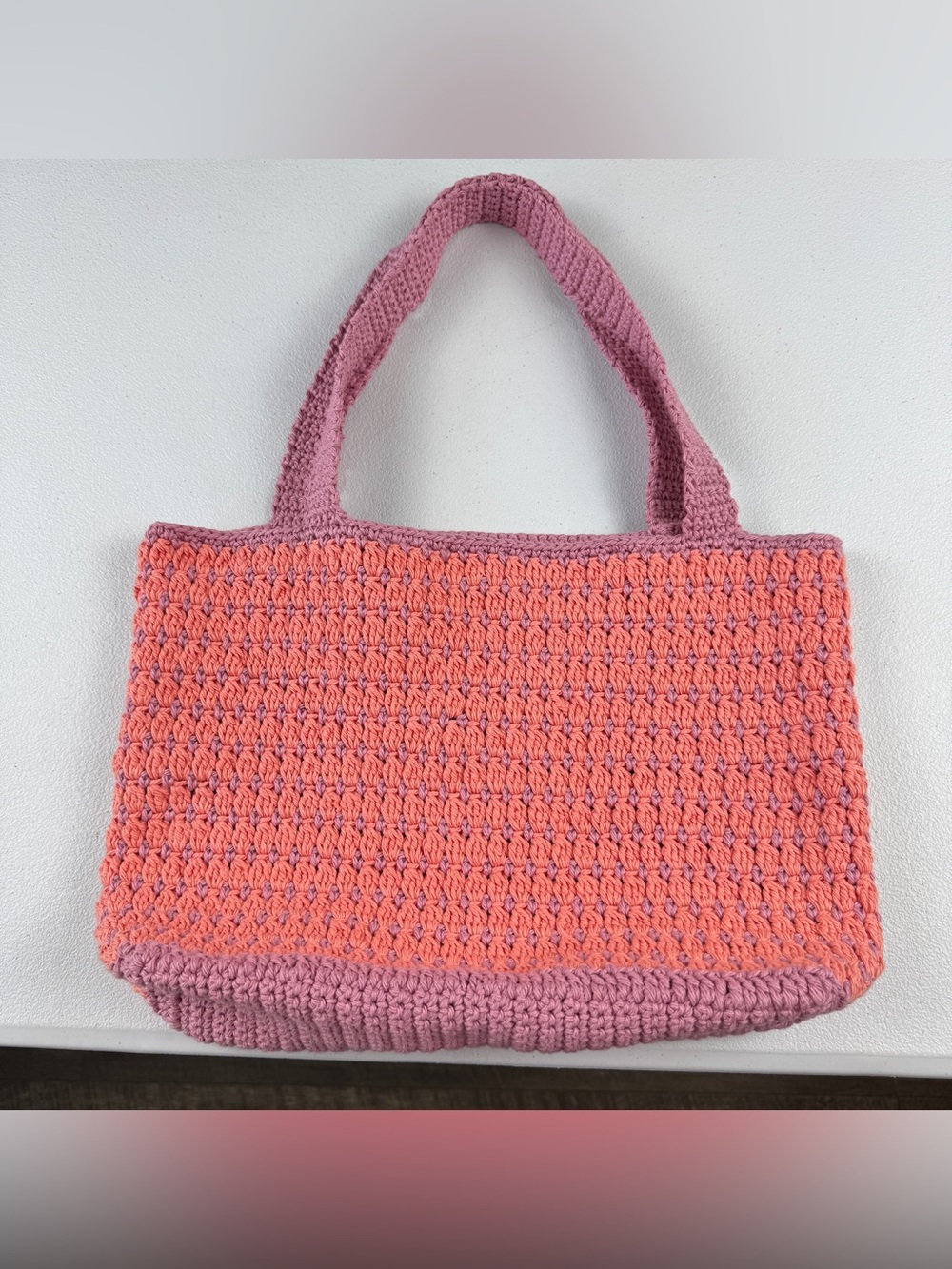 Hand-Crocheted Tote Bag in Coral and Dusty Rose‎ 9.5”x12.5”